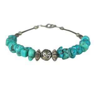 Turquoise Stone Silver Plate Artisan Beaded Bracelet Korea Vintage Southwestern